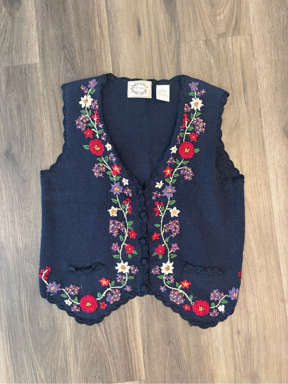 Navy Floral Embroidered Knit Vest